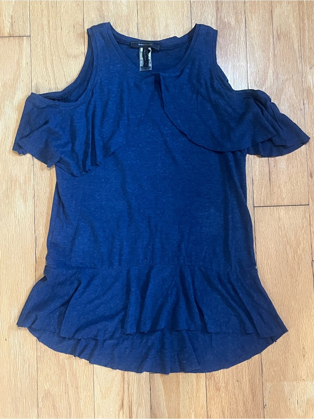 BCBGMaxAzria Navy Cold-Shoulder Ruffle Peplum Top